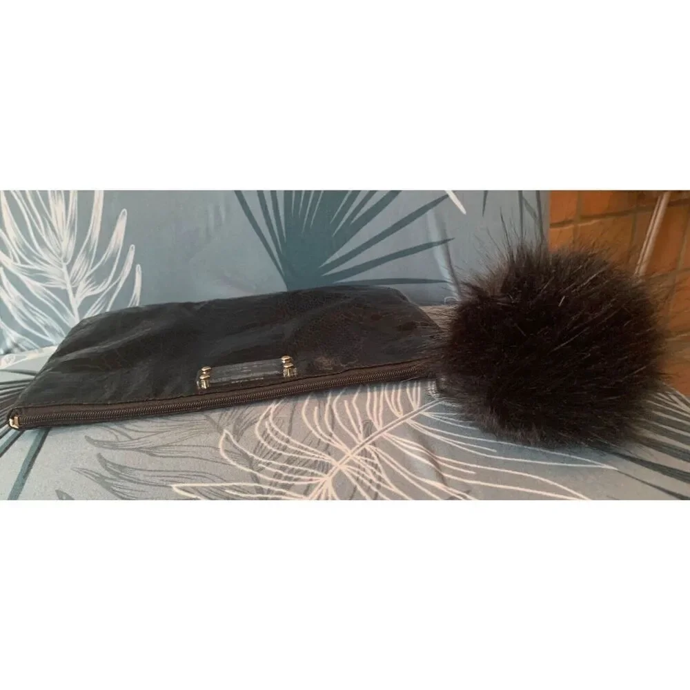 Kate Spade black Snake Skin Clutch Purse Handbag FUR ZIPPER PULL